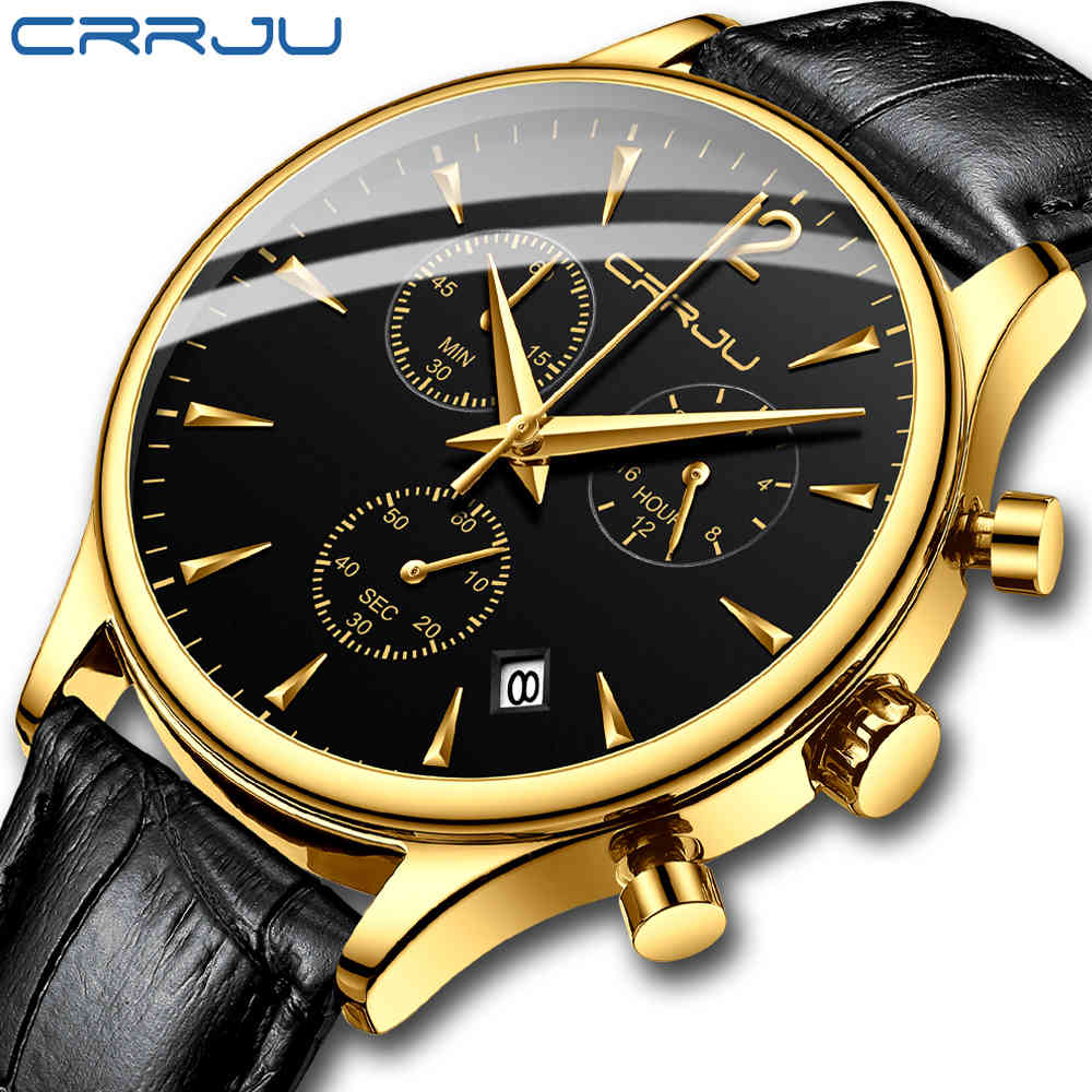 

Golden Men CRRJU Watches Leather Strap Waterproof Fashion Casual Watch for Man Quartz Auto Date Men's Watch Relogios Masculino 210517, Brown
