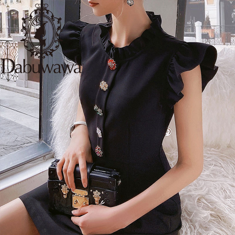 

Dabuwawa Exclusive Vintage Black Summer Dress Women Sleeveless Single Breasted A-Line Ruffle Neck Elegant Dress Ladies DO1BDR003 210520