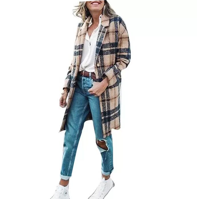 

Wool Blends Women Coats Fashion Plaid Slimfit Blazer Jackets S-XXXL Long Winter Coat for Woman, As pic