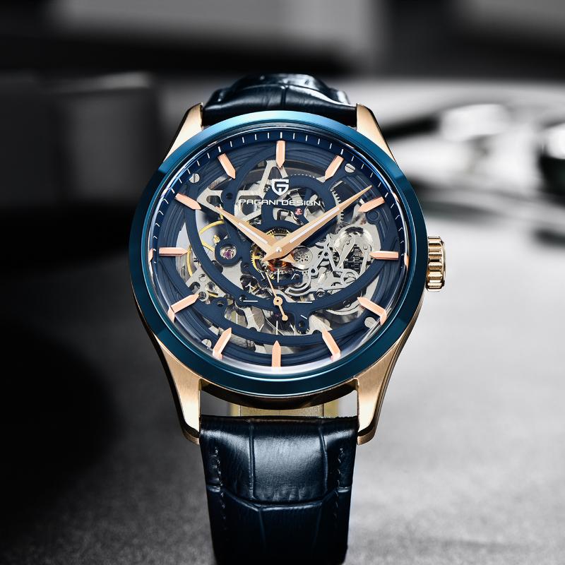 

Brand Men Luxury Automatic Mechanical Leather Strap Cutout Wrist Watch 100M Waterproof Clock Relogio Masculino Wristwatches, Golden blue