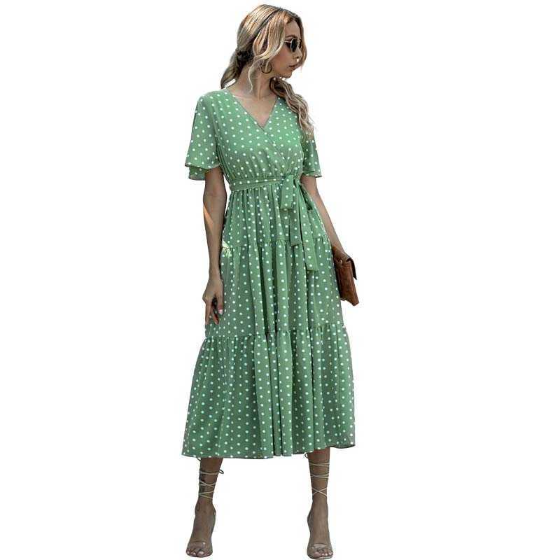 

Floral Print V Neck Bandage Short Sleeve Ruffle Folds High Waist Dress Women Summer Boho Elegant Streetwear Beach Party Dresses 210608, Red-floral