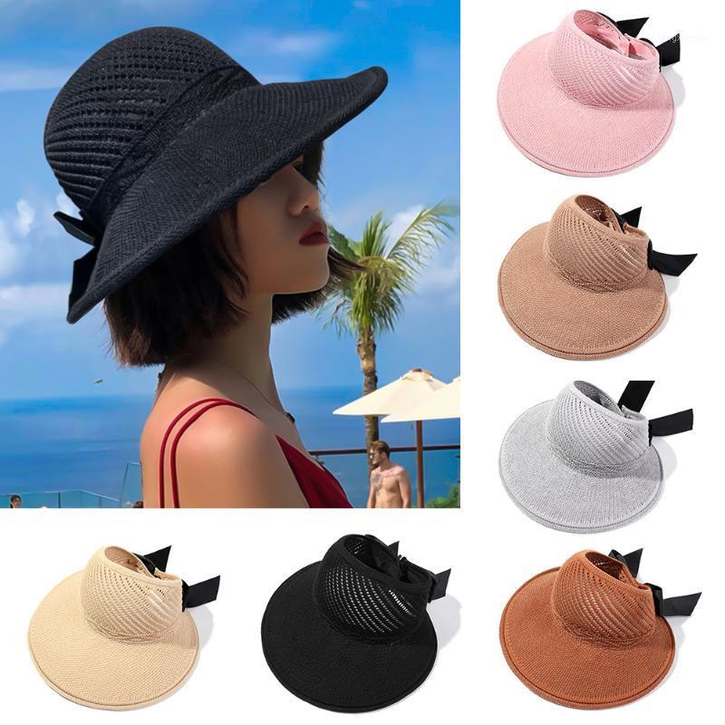

Fashion Foldable Beach Hat Wide Brim Bowknot Straw Cap Spring Summer Portable Casual Visors For Women UV Protected Hats, Blue;gray