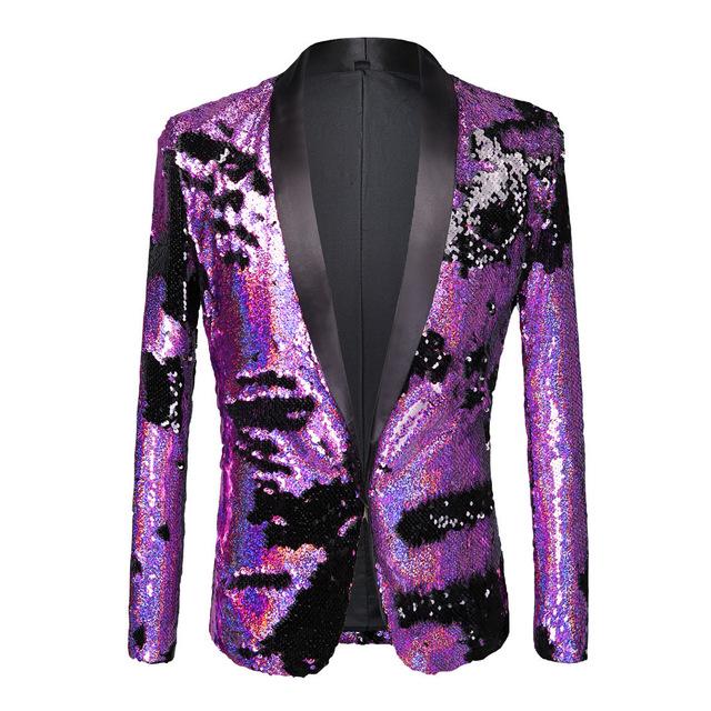

Men's Suits & Blazers 2021 Tide Men Double-Color Purple Black Gold White Sequins Blazer Fashion Punk Nightclub Bar DJ Singers Suit Jacket Co, Same as pic