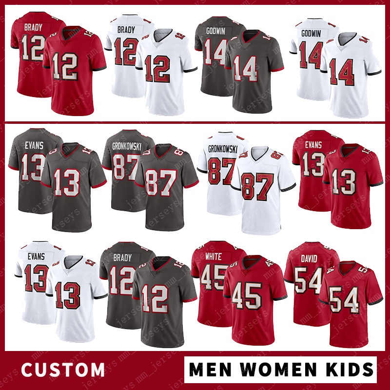

12 Tom Brady Custom Men Women Kid Football jerseys 87 Rob Gronkowski 45 Devin White 13 Mike Evans 14 Chris Godwin 54 Lavonte David 28 Leonar, Black;red