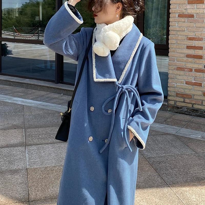 

Women' Wool & Blends Hstar Blue Woolen Coat For Women In Autumn And Winter Long Lace-up Double-breasted Over The Knee Retro