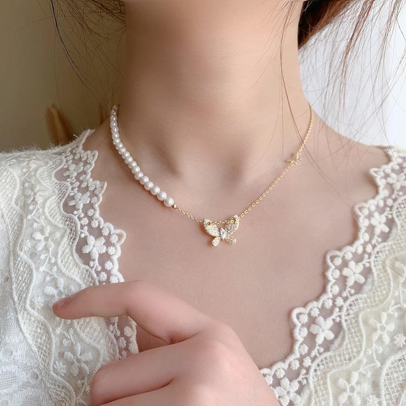 Pendant Necklaces Origin Summer Elegant Cubic Zircon Pearl Butterfly Necklace For Women French Asymmetry Jewelry Accessories-image-701874422