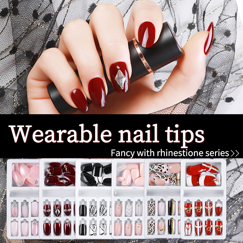 

24pcs/set with Designed Crystal False Nail Artificial Tips Set Full Cover for Decorated Short Press On Nails Art Fake Extension Tip 1321, As picture show