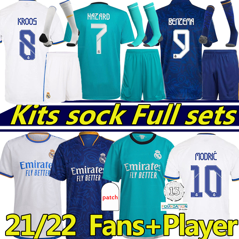 

21/22 REAL MADRID soccer jerseys fans player version ALABA HAZARD CAMAVINGA BENZEMA ASENSIO MODRIC MARCELO football shirt Kits sock Full sets 2021 2022 uniforms, 21-22 home player