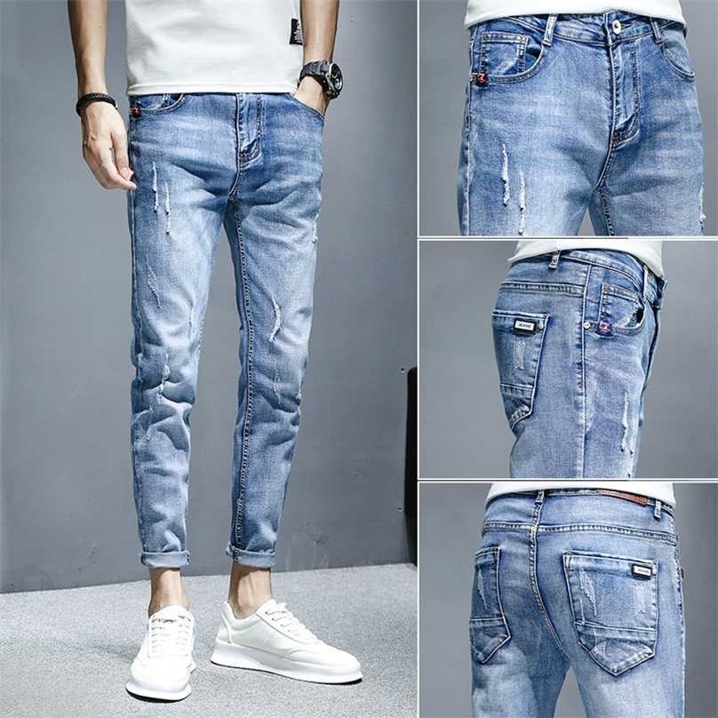 

Wholesale teenagers Denim Jeans men's Korean feet brand stretch trousers summer thin casual ripped ankle length pants 211111, Blue