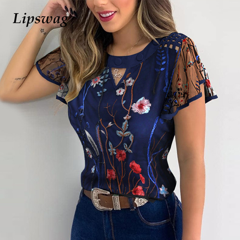 

Summer Hollow Out Lace Casual blouse shirts Women Elegant Butterfly Daisy Print Ruffle Tops Short Sleeves O Neck Pullover Blusa, Lace black