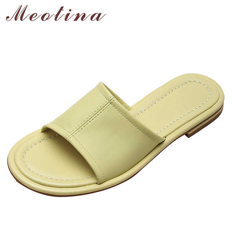 

Meotina Women Slippers Shoes Natural Genuine Leather Sandals Flat Slides Round Toe Sheepskin Ladies Footwear Summer Yellow 210608, Beige