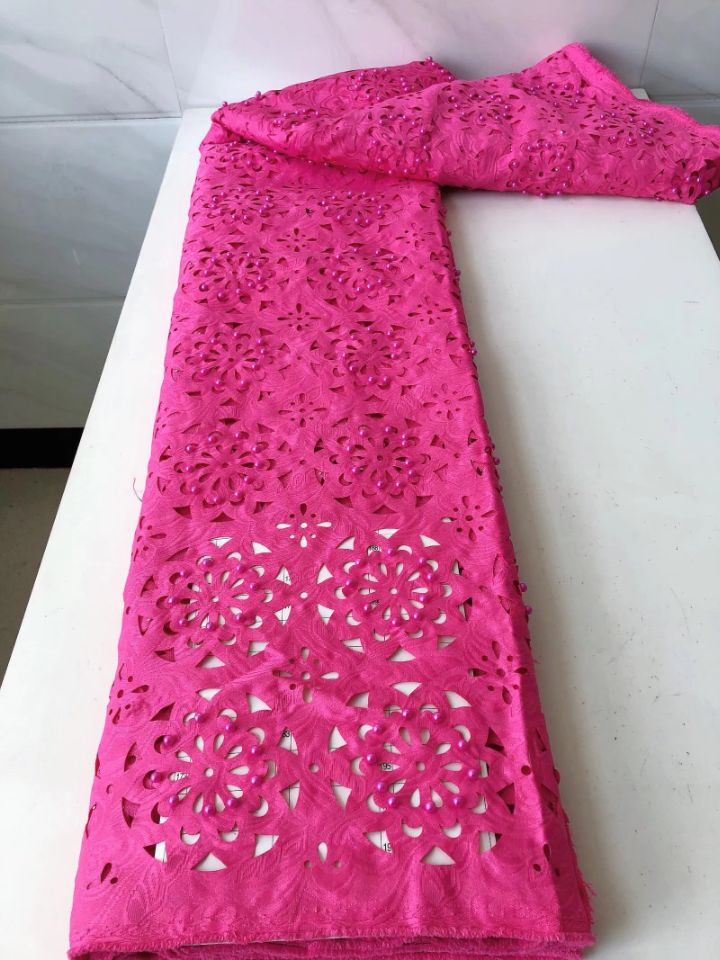 5Yards/Lot Beautiful fuchsia african cotton fabric with beads decoration flower swiss voile lace for dressing QC1-1-image-442008435