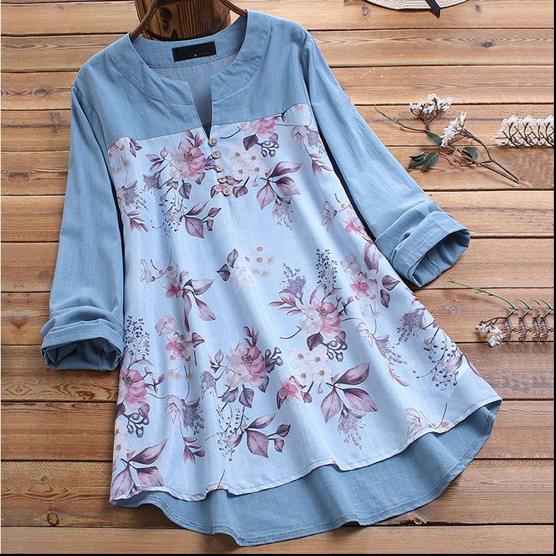 

vintage v neck womens shirts autumn floral printed long sleeve casual tunic patchwork blusa plus size  5xl, White