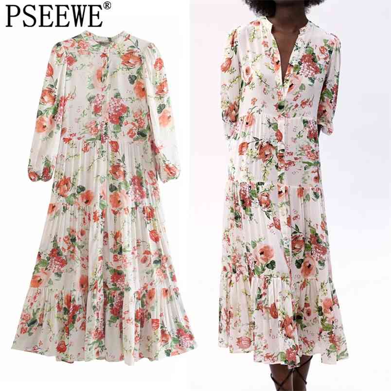 

Floral Long Dress Women Ruched Ruffle Puff Sleeve Midi Summer Woman Chic Cottagecore Casual es 210519, Apricot