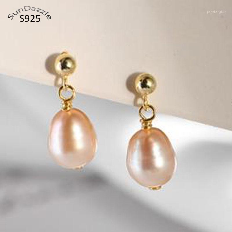 

Genuine Natural Freshwater Pearls Real Pure Solid 925 Sterling Silver Stud Earrings For Women Jewelry Female Gold Earring, Golden;silver