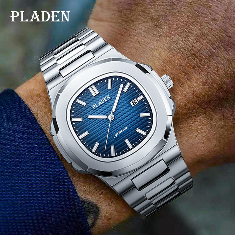 

PLADEN Business Men Watch Luxury Fashion Quartz Wristwatch Male Stainless Steel Strap Gradient Blue Waterproof Calendar Watchg, Pl1028