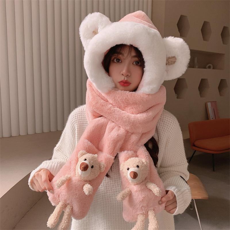 

Scarves 2021 Fashion Scarf Hat Gloves Set 3 Piece Women Cute Big Bear Winter Warm Soft Thickening Pocket Hats Hooded Cartoon