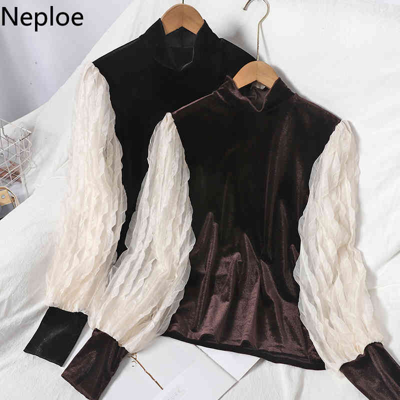 Neploe Patchwork Pleated Shirts Women Contrast Color Half Turtleneck Blouses Korean Chic Velvet Tops Blusas Mujer De Moda 210422