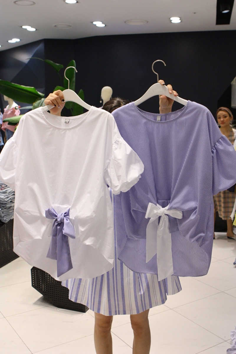 

Summer Bow O Neck Puff Sleeve Short Shirt Sweet Pullovers Women Tops 210615, Blue