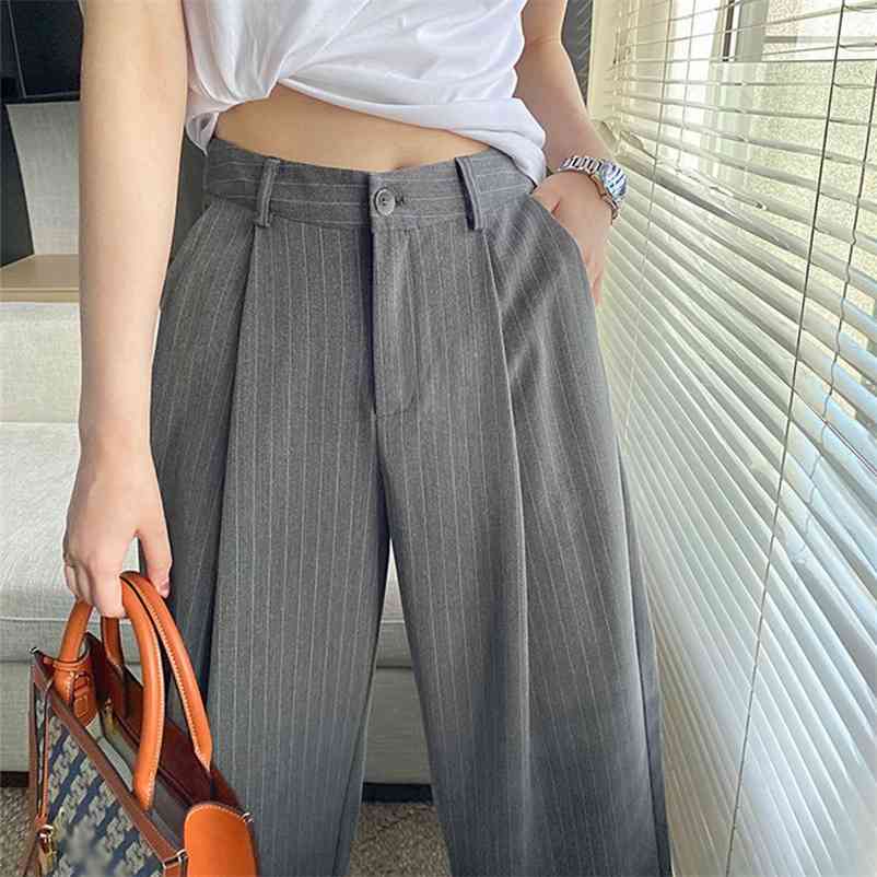 

Women Autumn Long Striped Pants Vintage Female High Waist Casual Wide Leg Thin Trousers Streetwear Office Lady Bottoms 210517, Gray