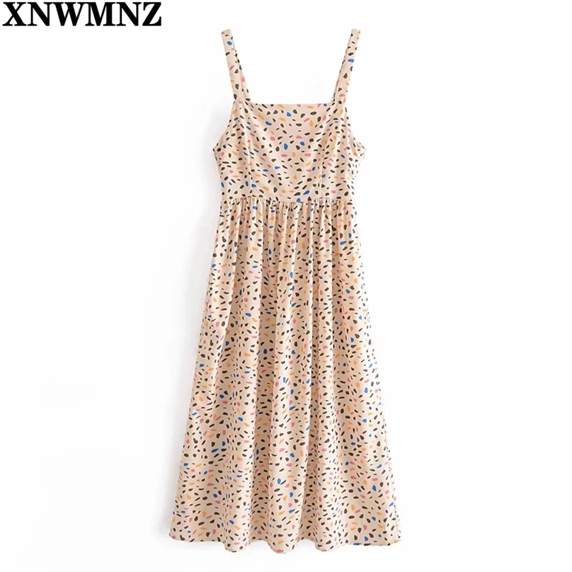 

summer women' dress polka dot midi women straight necklin wide adjustable straps seam flared hem es robe 210520, Apricot