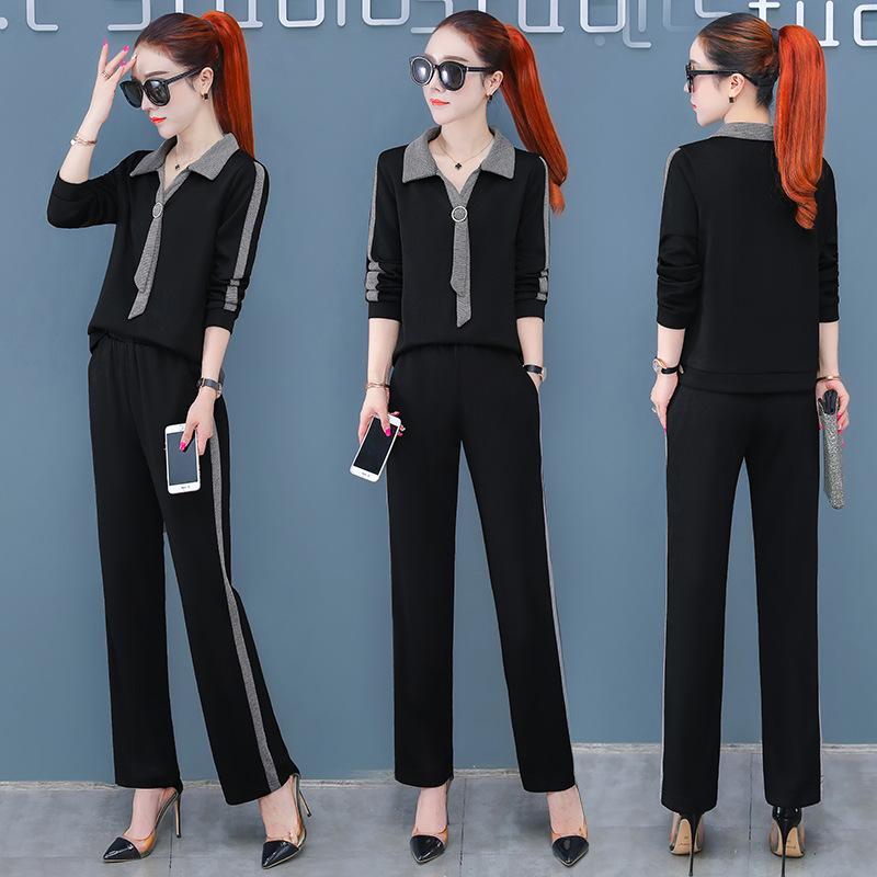 

Women's Tracksuits Fall Clothes For Women Fashion Casual Graceful 2021 Autumn Style Western Loose Slimming Age-Reducing 2 Piece Set, Black