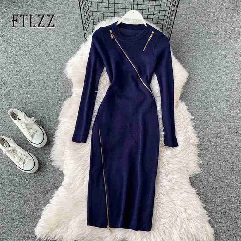 

Women knitted dress vestidos spring autumn fashion Irregularity zipper bodycon dresses woman casual sweater robe 210525
