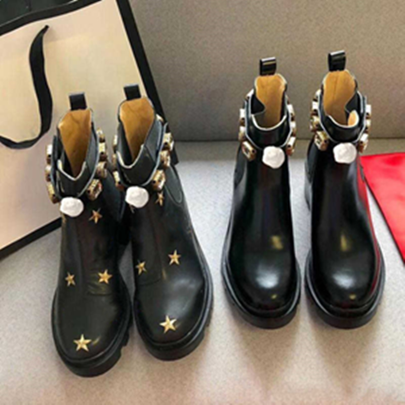 

2022 New Designer Womens Martin Short Boots 100% Cowhide Belt Buckle Metal Women Shoes Classic Bee Thick Heels Leather High Heeled Fashion Diamond Boot Large Size 35-42, Electric embroidery