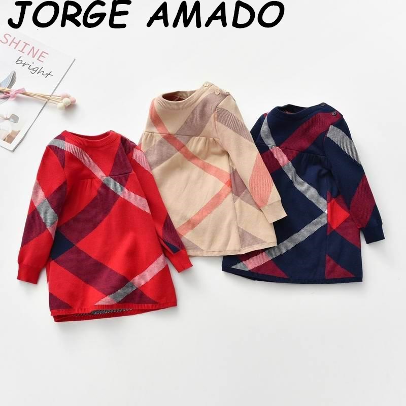 

Girl's Dresses Winter Girls Sweater plaid Knitted Cotton Wool Long Sleeve Kids es for Toddler Clothes WL013 U7QF, Khaki