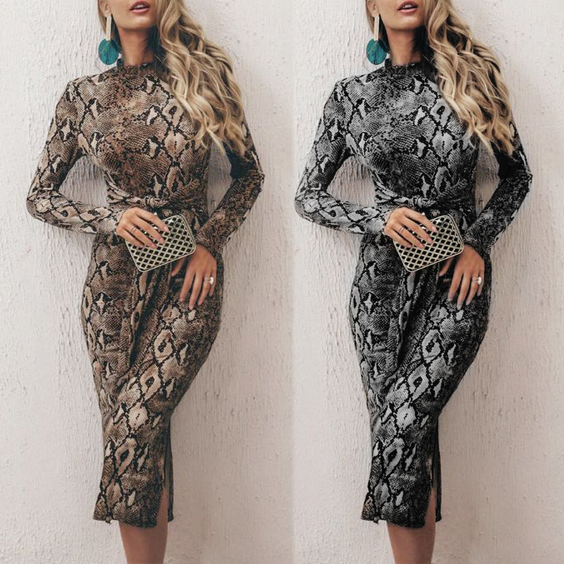 

Spot Dress Spring and Summer New Women's Snake Print Long Sleeve Hip Wrap Slim, Black;gray