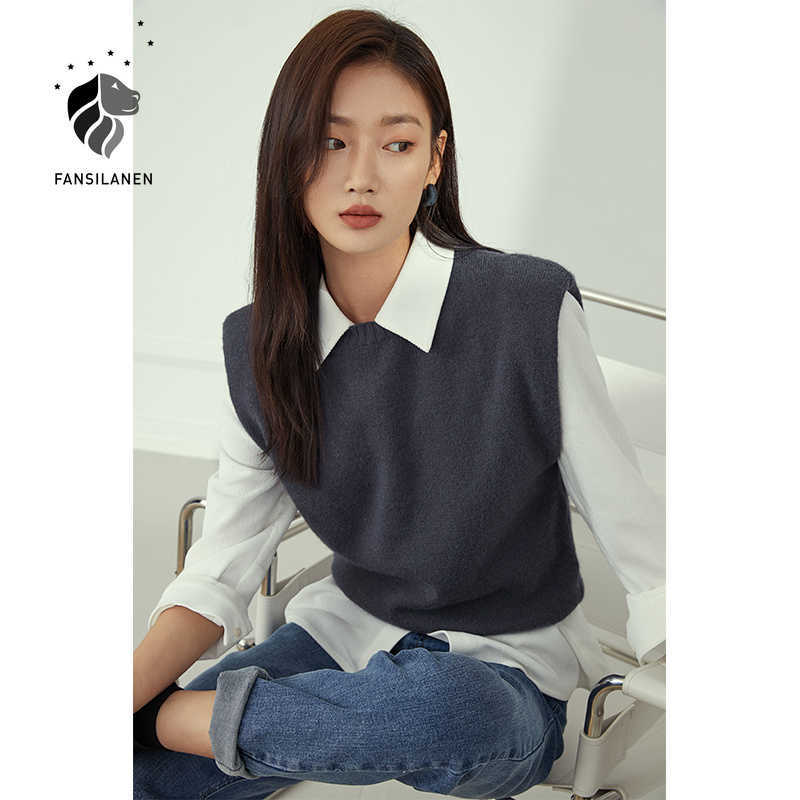 

FANSILANEN Sleeveless knitted sweater vset Women casual oversized autumn winter pullover top Female cashmere vintage jumper 210607, Gray