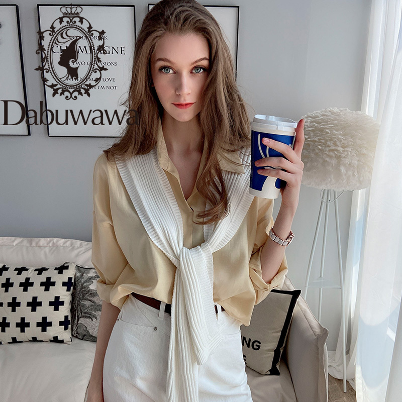 

Dabuwawa Elegant Two Pieces Shirts V-Neck Long Sleeve Solid Loose-Fitting 2pces Blouse Office Lady Spring Autumn DO1AST039 210520, Yellow