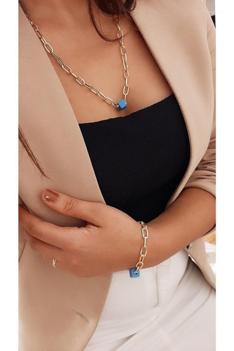 

Earrings & Necklace Women's Fashion Jewelry Blue Beads Detail Gold Paperclips Chain Bracelet Sets Jewelery, Silver