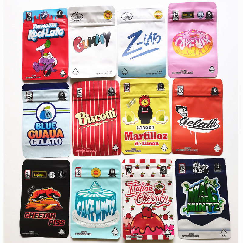 

Backpack boyz Backpackboyz 3.5g mylar bag Biscotti Blue cherry gelato Kool Lato Cake Mix Minit child proof lock smell bags