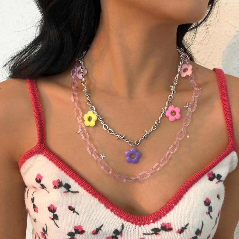 

Pendant Necklaces Sweet Cute Colorful Fairy Flower Double Layer Plant Thorns Chains Choker Necklace Trendy Jewelry For Women