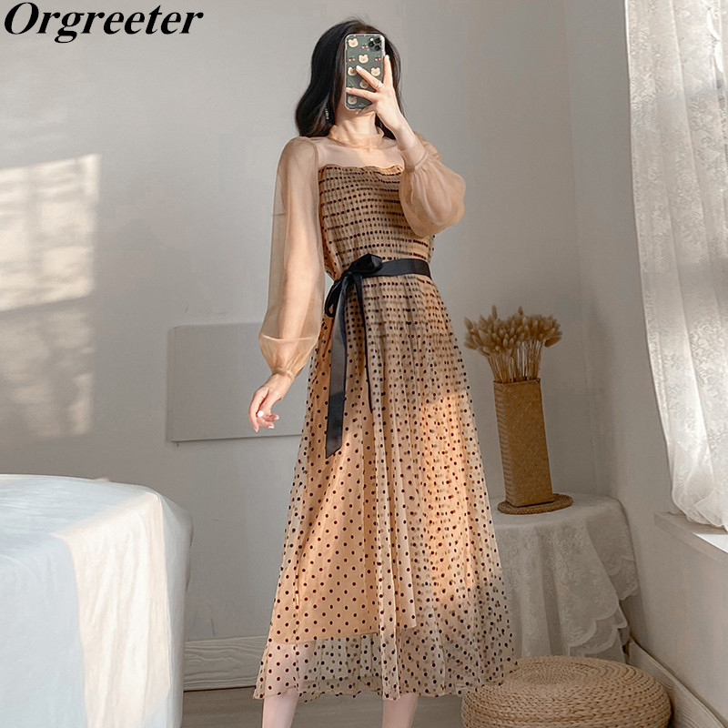 

Retro Polka-dot Sashes Bow Mesh Long-sleeved Dress Women Spring Summer Stand collar Flocking Dot Loose A-line Mid 210525, Khaki