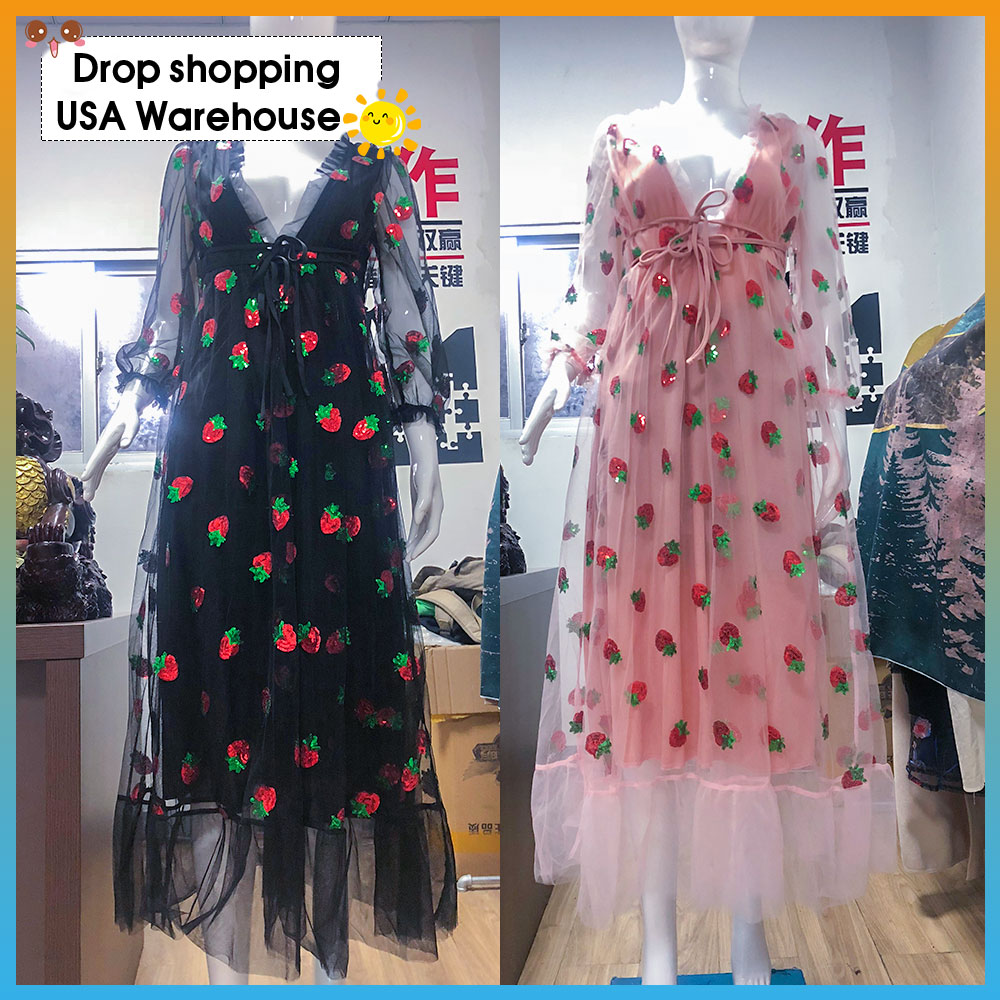 

Female summer New 2021 Sexy V-Neck Belt Strawberry Hot stamping Short Sleeve Party Mid-Length Dress Net Yarn Summer New, 100 cm