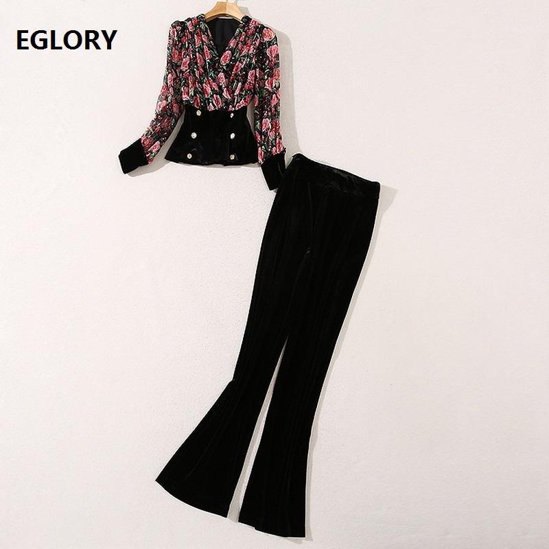

Women' Tracksuits Top Quality Designer Clothing Sets 2021 Autumn Winter Women Rose Floral Print Patchwork Long Sleeve Tops+Long Velvet Pant, As pic