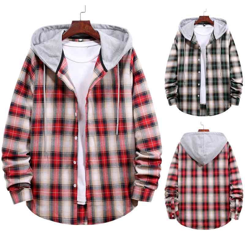 

2020 new men's square neck fashion casual couple hooded Plaid Shirt, Black