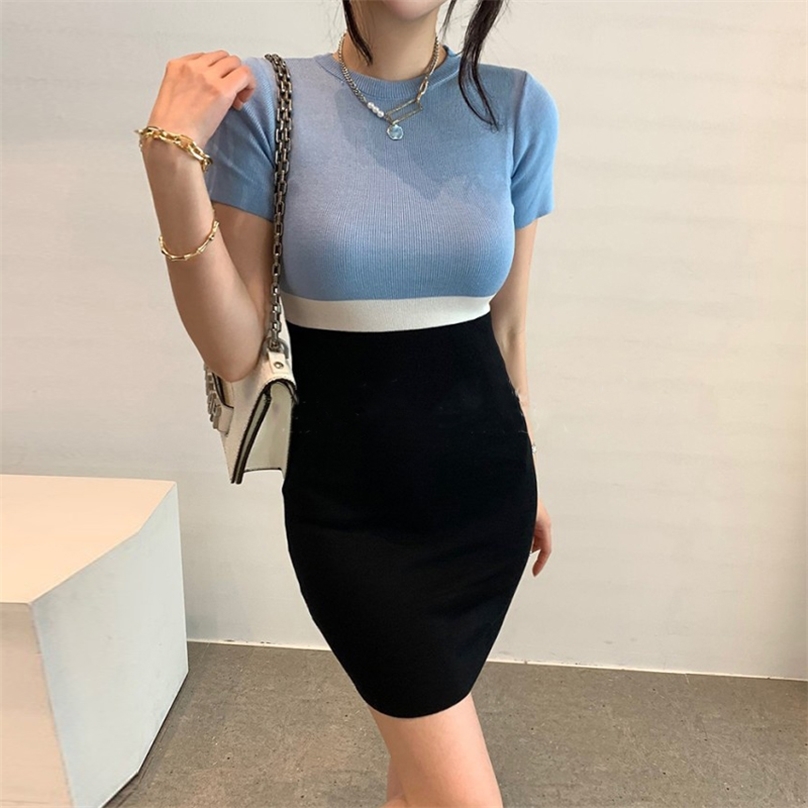 

Summer knti Tight Dress korean ladies Sexy short Sleeve patchwork Black cabaret party for women 210602