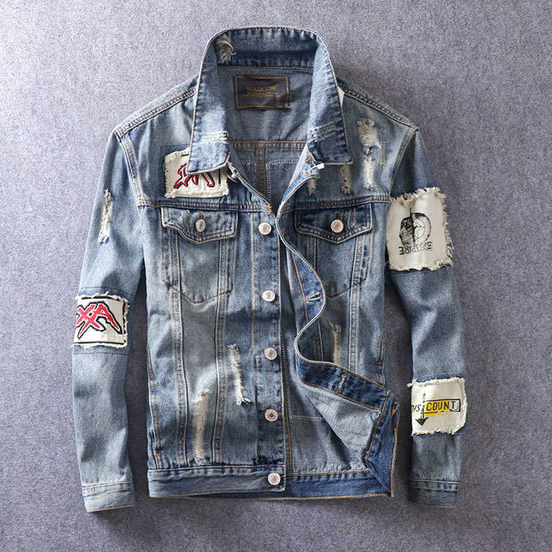 men patched denim jacket