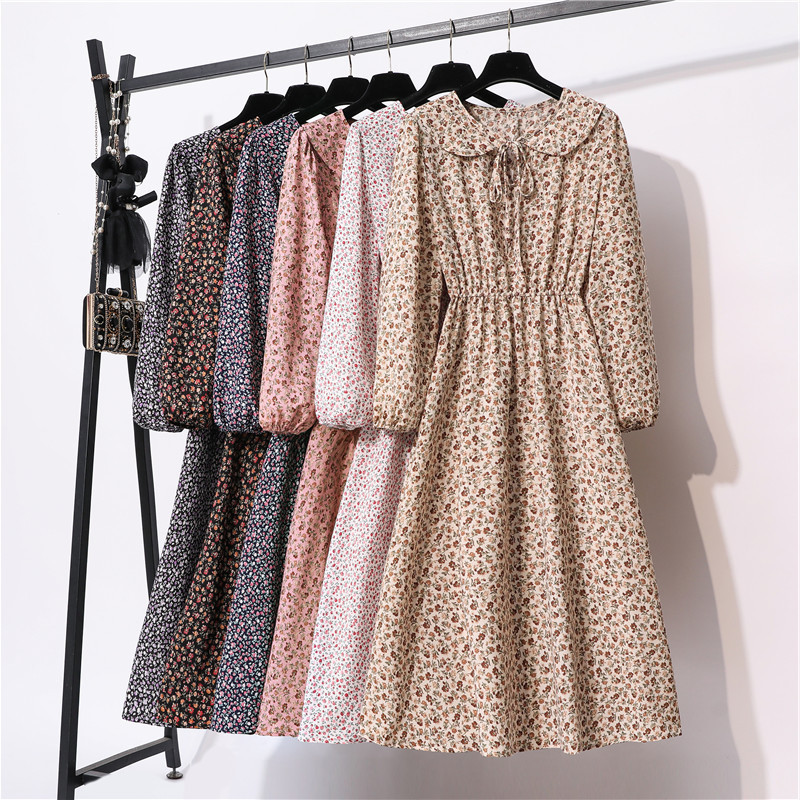 

Autumn Sweet Peter Pan Collar Floral Women 2020 New Office Lady High Waist Full Sleeve Chiffon Dress, White