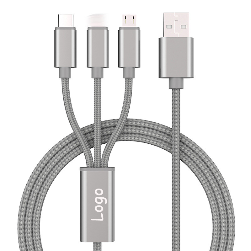 

3 in 1 USB Cable 3A Fast Charge Nylon Braided USB-C Type-C Micro Charger Charging Cables Customize Logo Free for Cell Phones iPhone Samsung, Gold