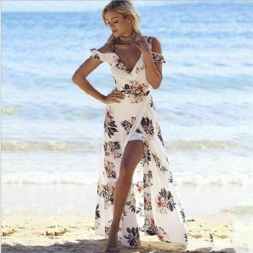 

Women Floral print ruffles long strap v neck split beach summer Off the shoulder vestidos Clothes 210607, White