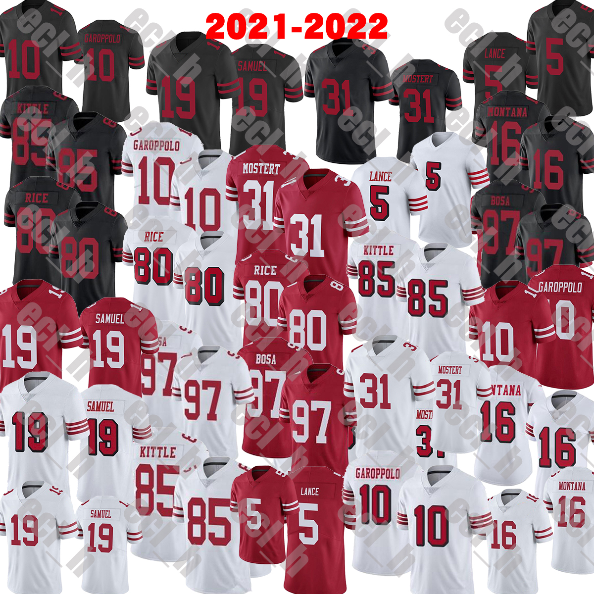 

2021 High quality Stitched Football jerseys 5 trey lance 10 jimmy garoppolo 16 joe montana 19 deebo samuel 31 raheem mostert 80jerry rice 85, Black;red