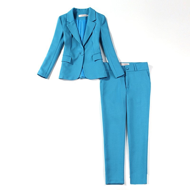

Casual temperament solid color ladies suits Spring and autumn slim sky blue jacket Women's office trouser 210527
