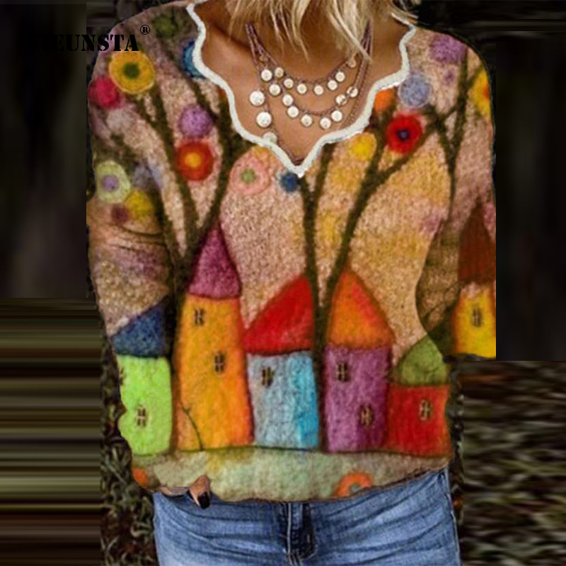 

Retro Wave V Neck Printed Blouse Shirts Women Casual Cashmere Long Sleeve Pullover Tops Fashion Patchwork Shirt Blusa Streetwear, 01 print