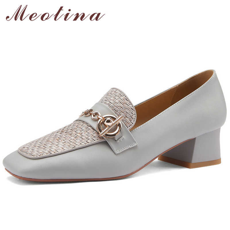 

Meotina Med Heels Woman Shoes Genuine Leather Square Toe Pumps Chain Chunky Heel Shoes Female Footwear Spring Beige Big Size 40 210608