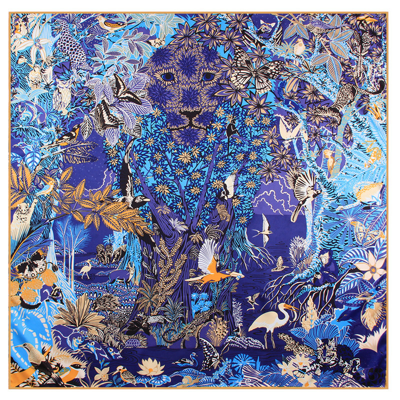 

90cm New Hand-rolled Silk Scarf Women Twill Square Animal Jungle Leopard Print Shawl Headscarf Handkerchief