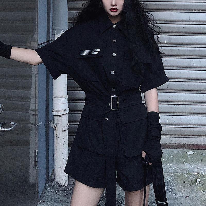 

Women's Jumpsuits & Rompers Fashion Tooling Jumpsuit Female Summer 2021 Solid Black High Waist Short Sleeved Bodysuit Wide Leg Shorts Suits, Black;white